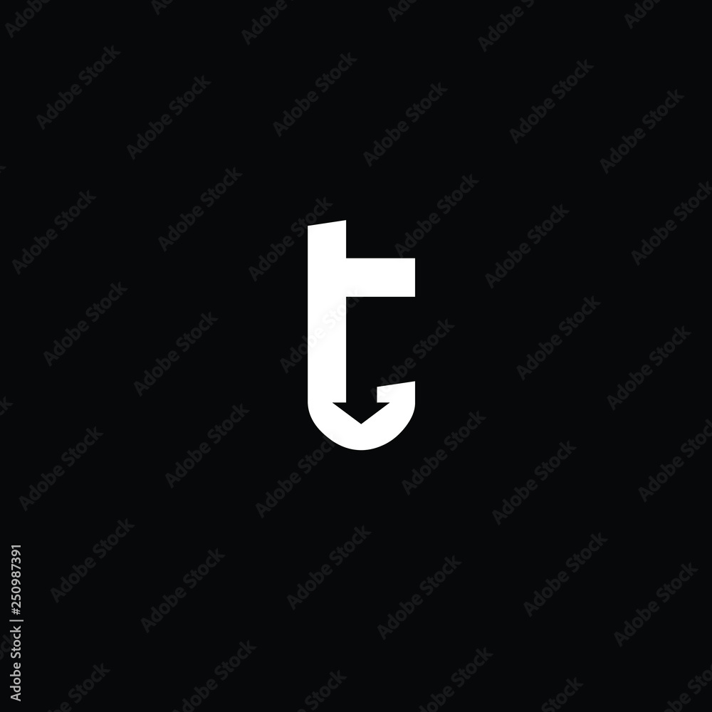 T letter vector logo with down arrow. White text on black background T letter vector logo with down arrow. White text on black background