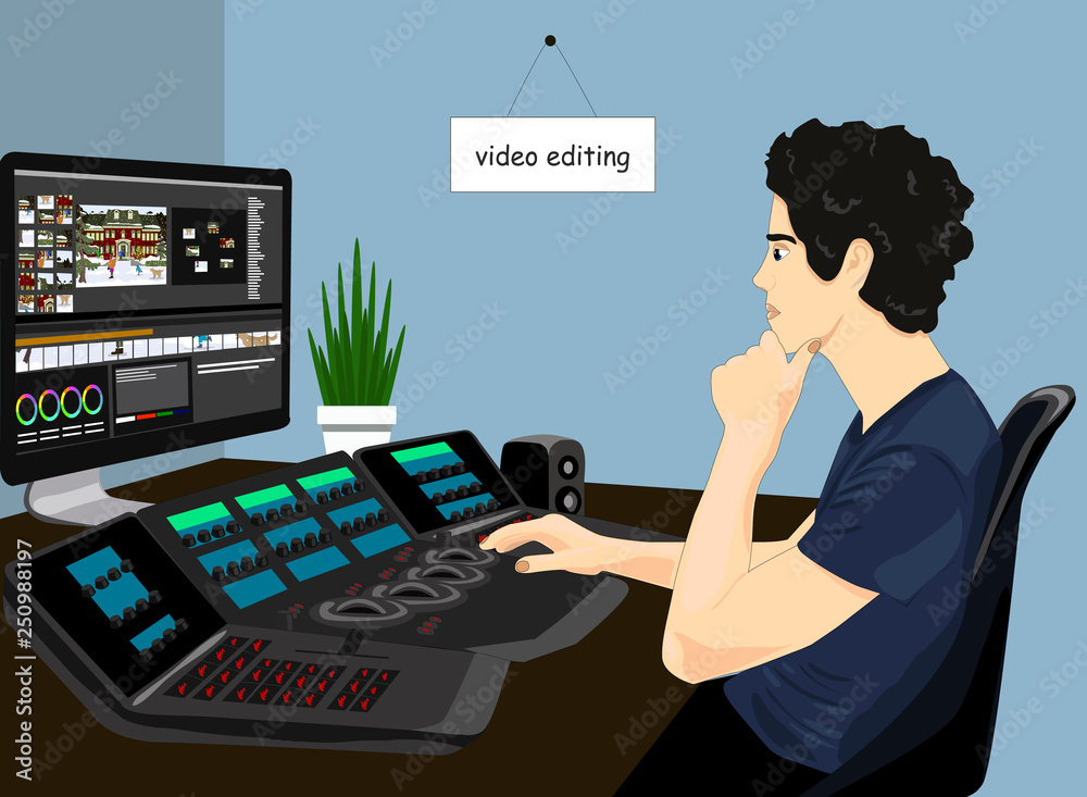 Video editor working vector icon. Concept of video editing illustration. Man on the chair editing video on a big screen realistic style design, designed for web and app. Eps 10. - obrazy, fototapety, plakaty 