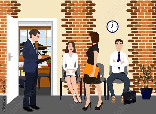 Hr manager with employee in the hall vector icon. Profession of a manager concept illustration. Man in the suit with workers in the office realistic style design, designed for web and app. Eps 10.