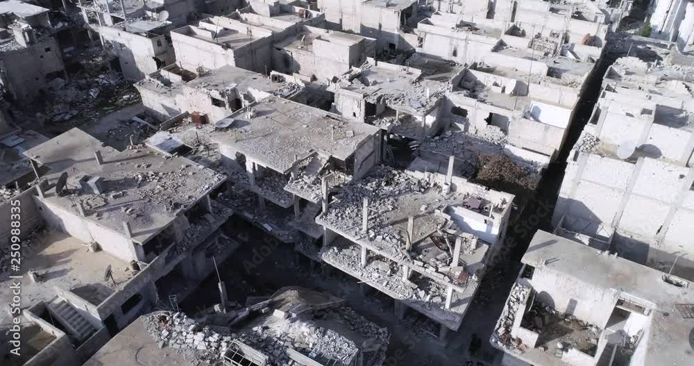 Damascus suburb destroyed in aerial view, Syria Damascus suburb destroyed in aerial view, Syria