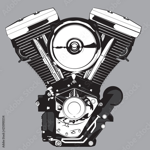 Motorcycle engine. Vector illustration in black and white.