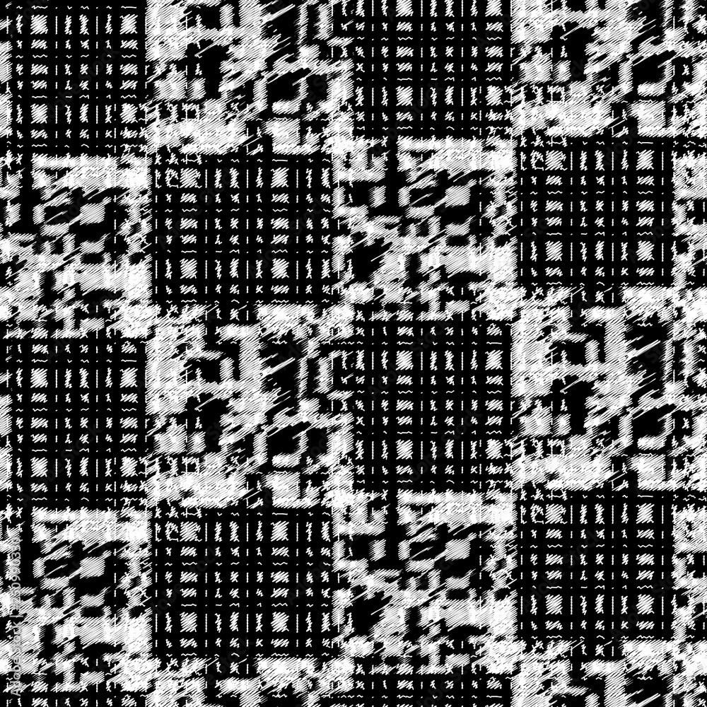 Seamless pattern patchwork design. Black and white print with tartan and tweed lines. Watercolor effect. Suitable for bed linen, leggings, shorts and fashion industry.