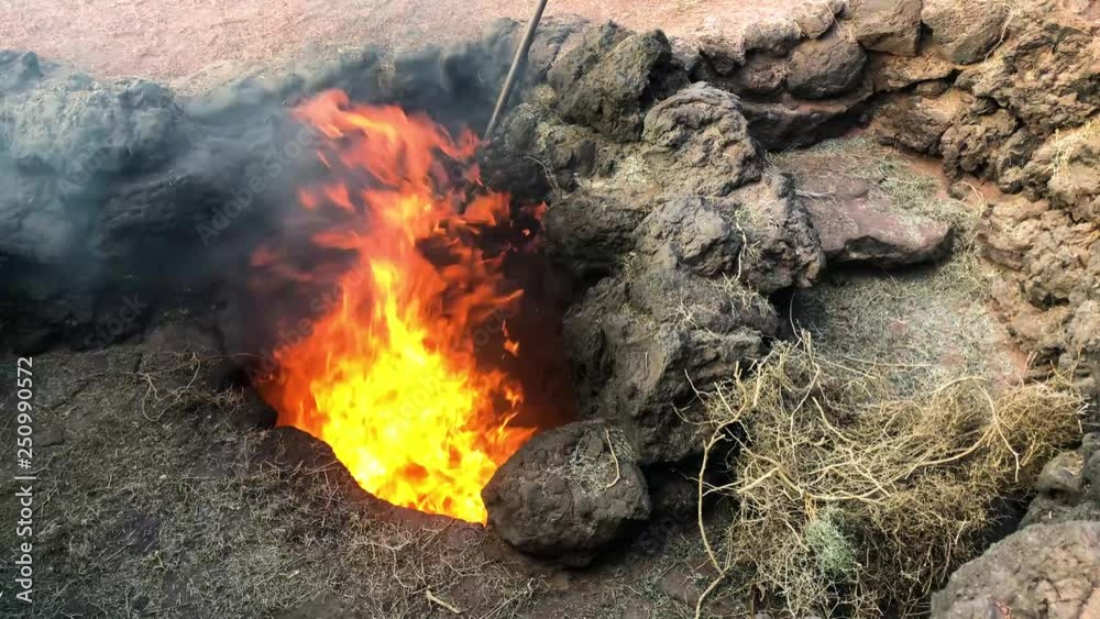 A fire in a crevasse caused by extreme heat in the Timanfaya National Park, Lanzarote, Canary Islands, Spain, 4k footage video A fire in a crevasse caused by extreme heat in the Timanfaya National Park, Lanzarote, Canary Islands, Spain, 4k footage video