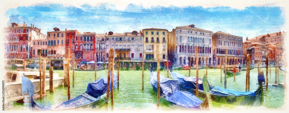 Gondolas on the Grand Canal, digital imitation of watercolor painting - obrazy, fototapety, plakaty 