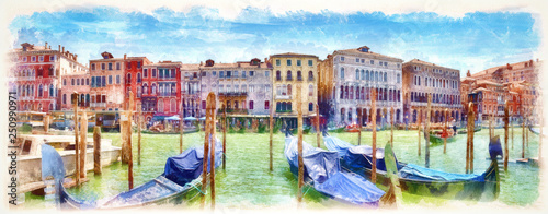 Gondolas on the Grand Canal, digital imitation of watercolor painting © vlukas