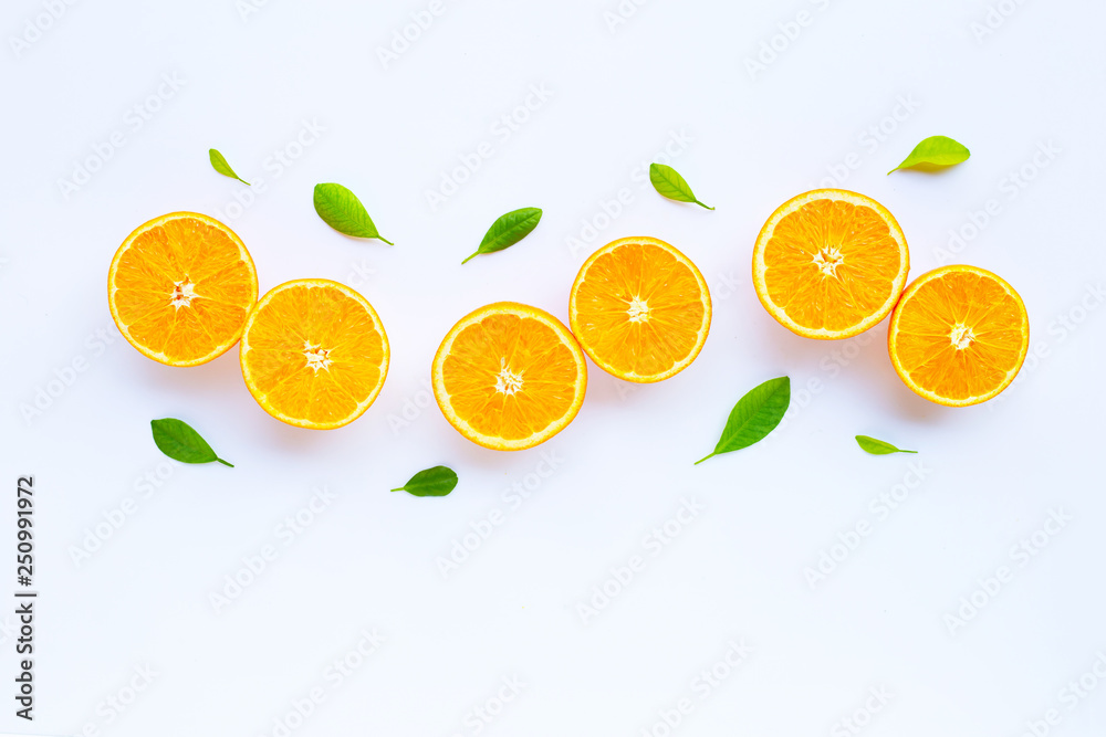 High vitamin C. Fresh orange citrus fruit with leaves isolated on white. High vitamin C. Fresh orange citrus fruit with leaves isolated on white.