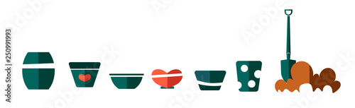 A set of pots for indoor plants. Green pots with hearts. Love for Valentine's Day. Vector image on white background. Empty pots and spade in the ground. Replant flowers. Flower stylish pots for design