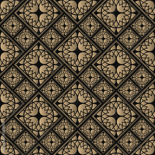 Seamless pattern oriental ornament. Black and golden textile print. Islamic vector design. Floral tiles.