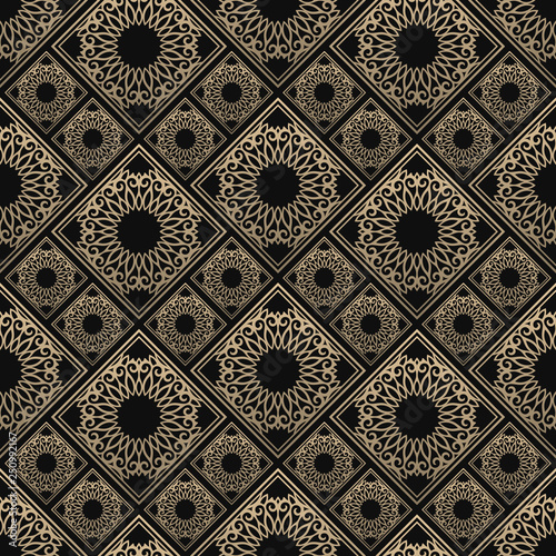Seamless pattern oriental ornament. Black and golden textile print. Islamic vector design. Floral tiles.