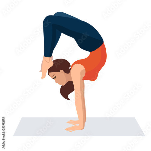 Vector illustration on white background. Handstand asanas in yoga. Beautiful young woman doing yoga strength exercises. Woman in sporty orange t-shirt and leggings relax.