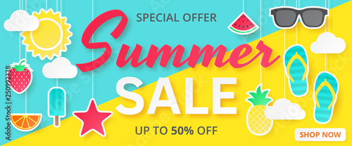 Summer sale vector banner. Paper cut. Can used for banners,Wallpaper,flyers, invitation, posters, brochure, voucher discount. Vector illustration