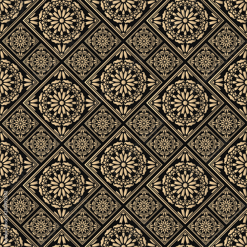 Seamless pattern oriental ornament. Black and golden textile print. Islamic vector design. Floral tiles.