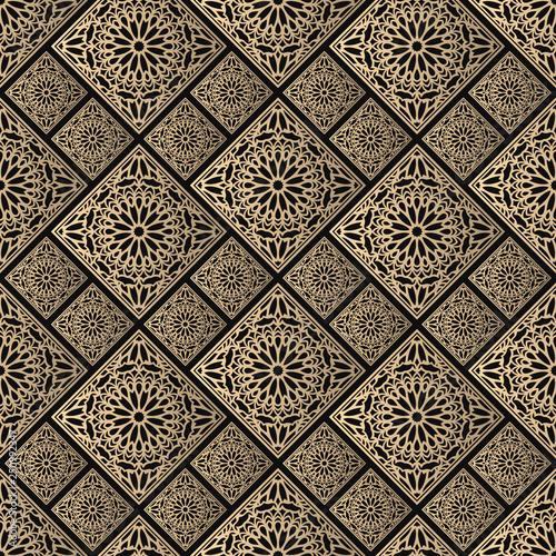 Seamless pattern oriental ornament. Black and golden textile print. Islamic vector design. Floral tiles.