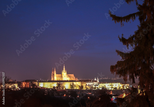 Skyline landscape front view of the St. Vitus cathedral in Prague Castle in Prague, Czech Republic