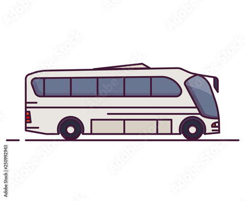 Side view of big white city bus. Line style vector illustration. Vehicle and transport banner. Modern public transportation vehicle. Side view of bus.