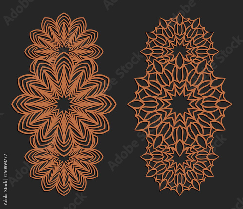 Laser cutting set. Wall panels. Jigsaw die cut ornaments. Lacy cutout silhouette stencils. Fretwork floral patterns. Vector template for paper cutting, metal and woodcut.