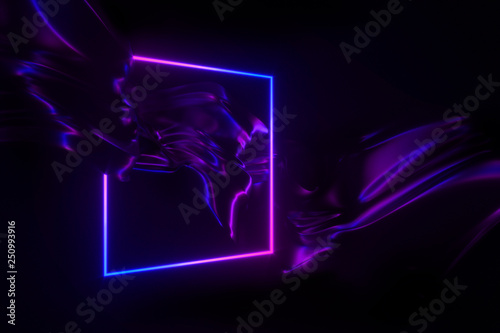 Neon glow in the dark frame and flowing shiny fabric 3D illustration