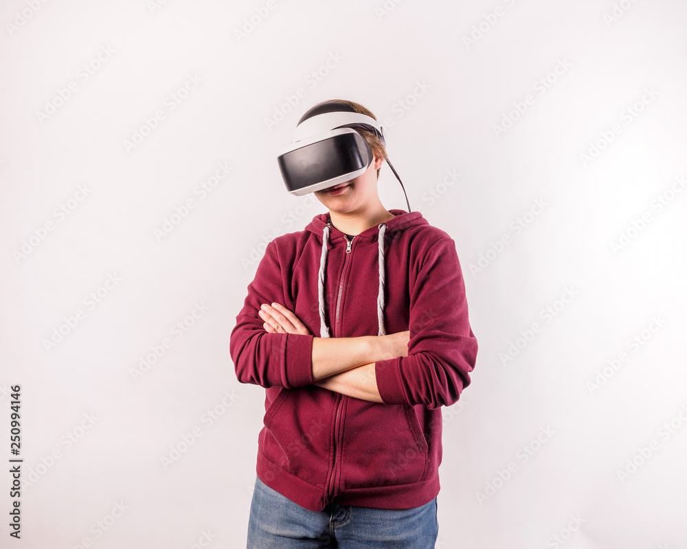 Set of Young man teenager virtual reality headset or 3d glasses, playing video game. Human reaction facial expression emotion concept. various gestures. Isolated. Set of Young man teenager virtual reality headset or 3d glasses, playing video game. Human reaction facial expression emotion concept. various gestures. Isolated.