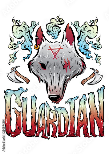 Grey fairytale wolf head vector illustration with freedom symbol and guardian text with smoke and axe elements