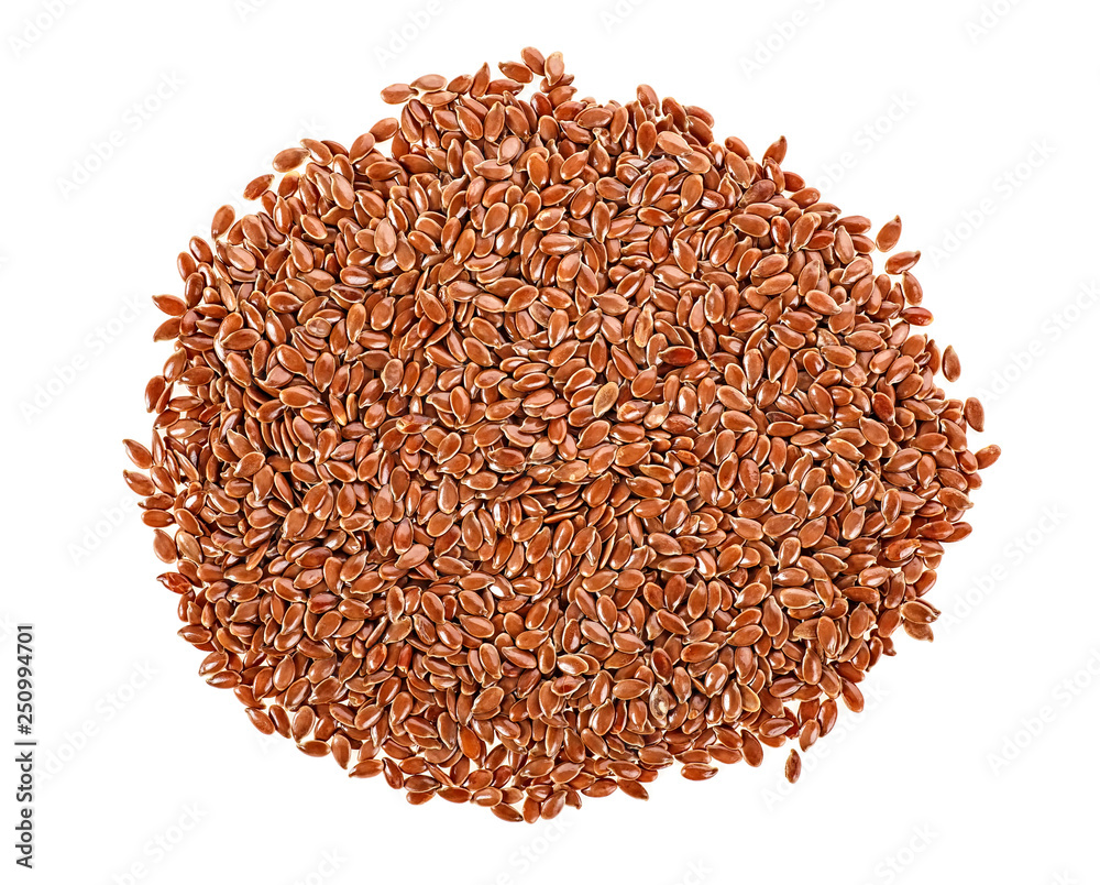 Pile of flax seeds isolated on white background, top view. - obrazy, fototapety, plakaty 