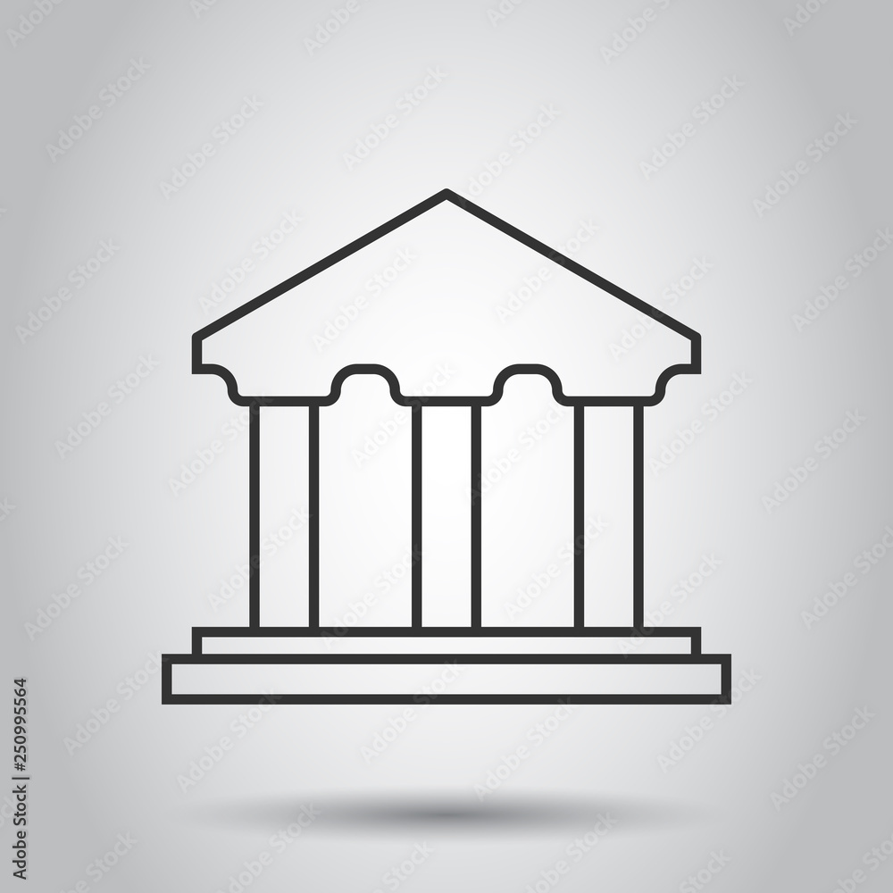 Bank building icon in flat style. Government architecture vector illustration on white background. Museum exterior business concept.