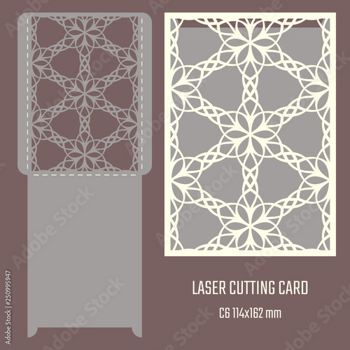 DIY laser cutting vector envelope. Wedding die cut invitation template. Cutout silhouette card. Scrapbook carved paperwork. Floral layout.