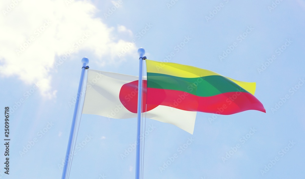 Naklejka premium Japan and Lithuania, two flags waving against blue sky. 3d image