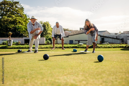 Canvastavla Senior man and woman playing boules in a lawn