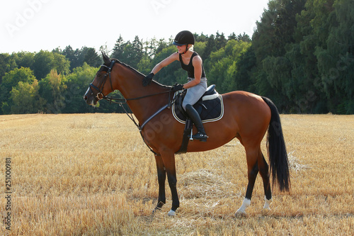 Horsewoman is sitting on a field in her young horse, stroking her neck.