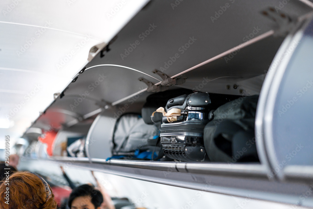 luggage on airplane shelf overhead passenger seat