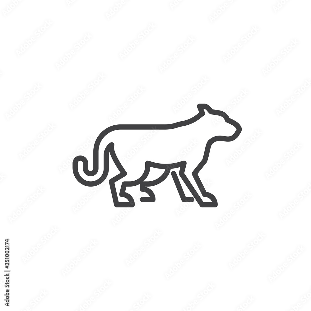 Fototapeta premium Wild cat side view line icon. linear style sign for mobile concept and web design. guepard cat standing outline vector icon. Cheetah symbol, logo illustration. Pixel perfect vector graphics