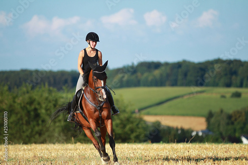 Young horse woman rides young horse on a harvested field in various gaits.