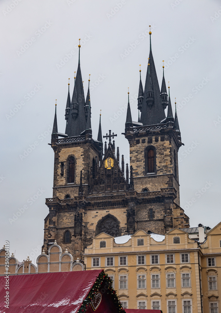 View from the Old Town Square on the Spiers of the Temple of the Mother of God before Tyn in Prague