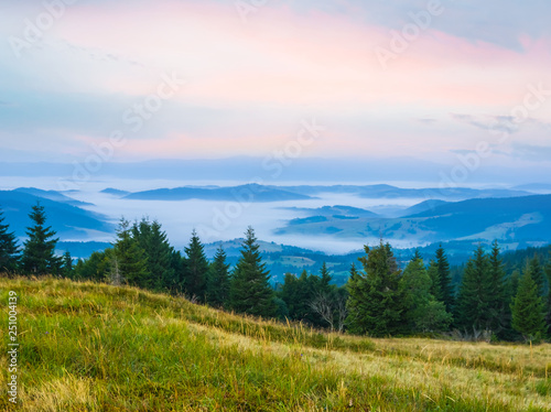 early morning mountain landscape in a blue mist