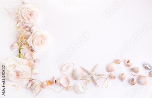 Composition of exotic seashells, oyster, starfish on white background. Tropical summer vacation or Birthday, Wedding Day concept.