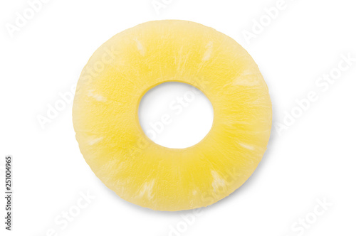 Canned pineapple ring on white.