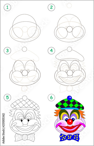 Page shows how to learn step by step to draw cute head of toy smiling clown. Developing children skills for drawing and coloring. Back to school. Printable worksheet. Vector cartoon image.