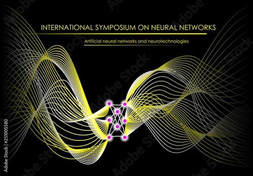 Neuron waves on black background. Stylized artificial intellect communications. Poster for International Symposium on Neural networks and nanotechnologies. Vector image.