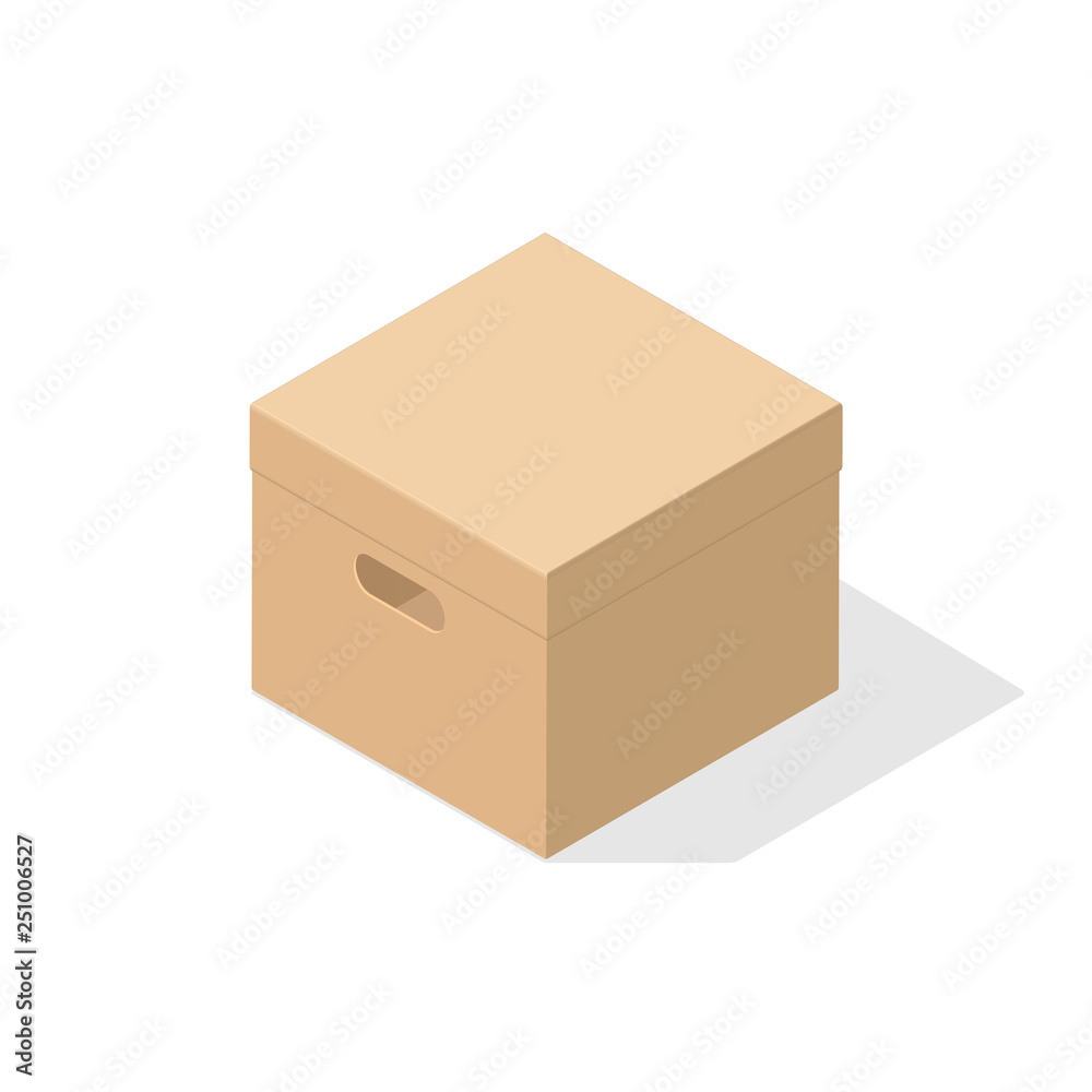 A miniature 3D box with a closed lid and a cutout at hand. Object on a white background with flat shadow for icons, ads, banners, filling sites. Isometric style. A miniature 3D box with a closed lid and a cutout at hand. Object on a white background with flat shadow for icons, ads, banners, filling sites. Isometric style.