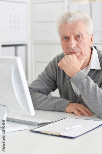 Portrait of happy senior man working with computer