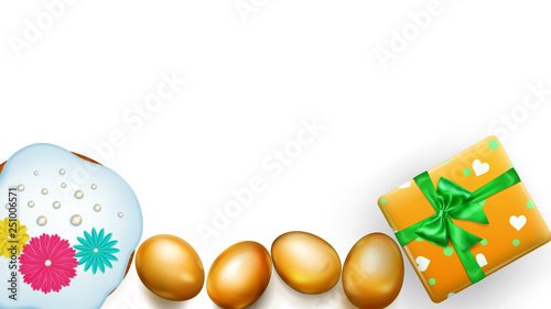Realistic golden Easter eggs, tasty cake and beautiful gift box with bow on white background