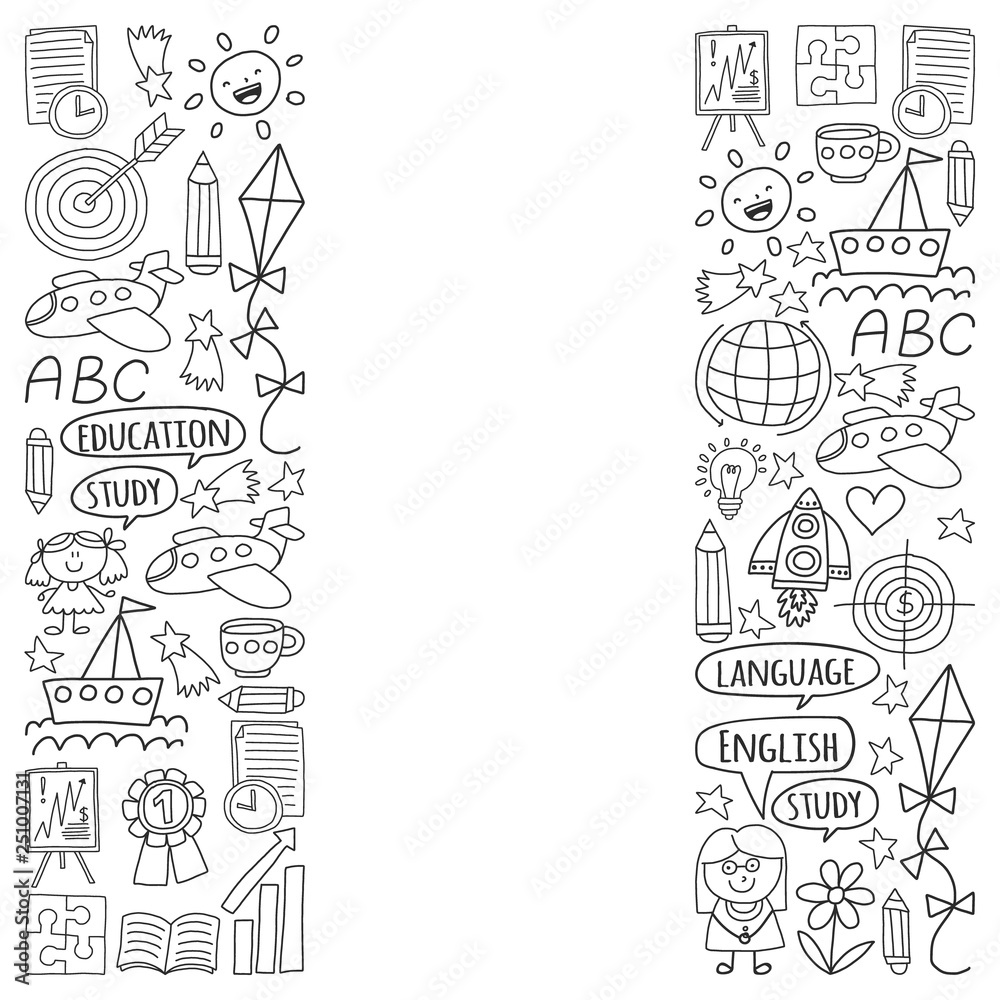 Fototapeta premium Vector set of learning English language, children's drawingicons icons in doodle style. Painted, black monochrome, pictures on a piece of paper on white background.