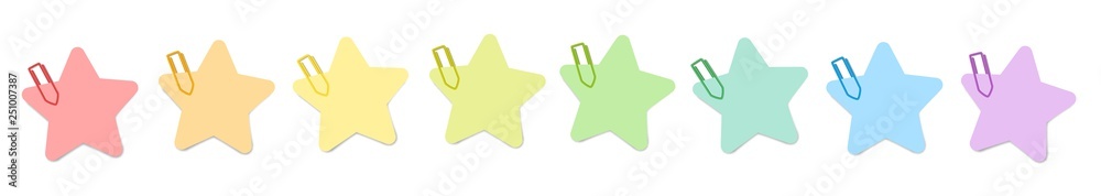 Star shaped colorful notes with colored paper clips. Isolated vector illustration over white background.