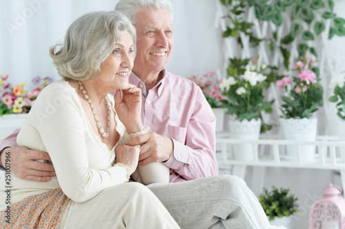 Portrait of happy beautiful senior couple posing and resting at home