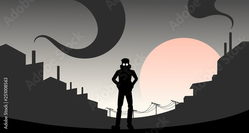 Man in gas-mask silhouette walking in city of pollution dark theme with sunset, vector illustration.