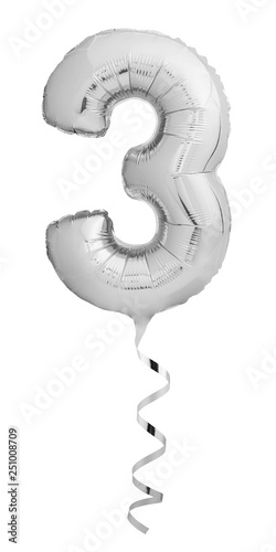 Silver chrome number three 3 made of inflatable balloon with silver ribbon isolated on white background photo