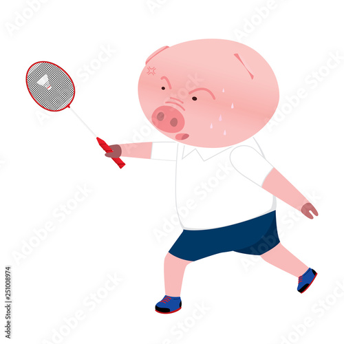 Vector pig cartoon character playing badminton isolated on white background. Cartoon emotions