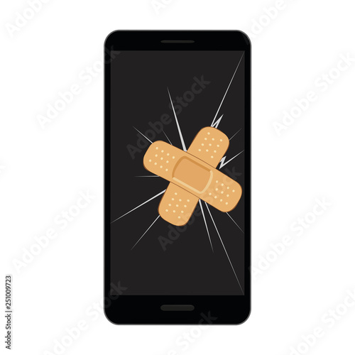 broken mobile phone display with crack and sticking plaster vector illustration EPS10