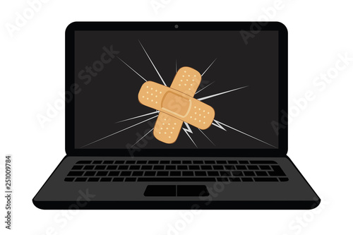 broken laptop display with crack and sticking plaster vector illustration EPS10