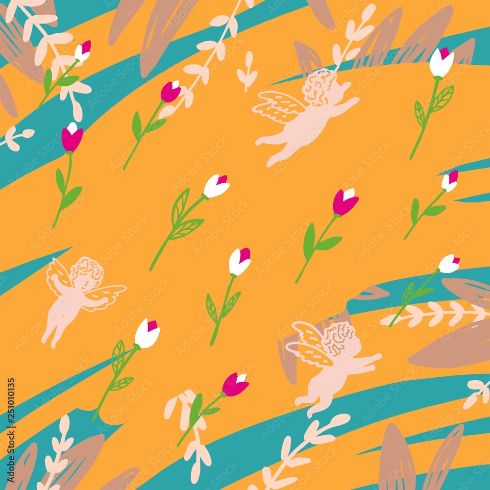 Seamless blue and yellow pattern with angels and tulips